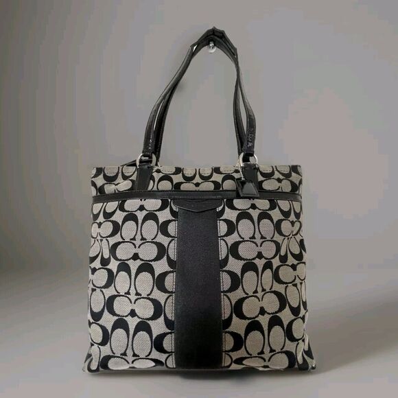 COACH Vintage Black Signature Stripe Tote F28504 - Picture 1 of 12